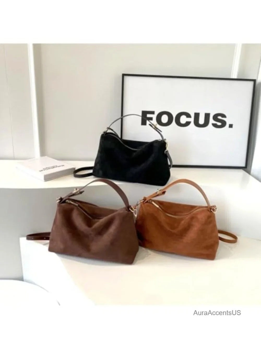 Slouchy Hobo Crossbody Bag Adjustable Strap Soft Suede Vegan Handbag